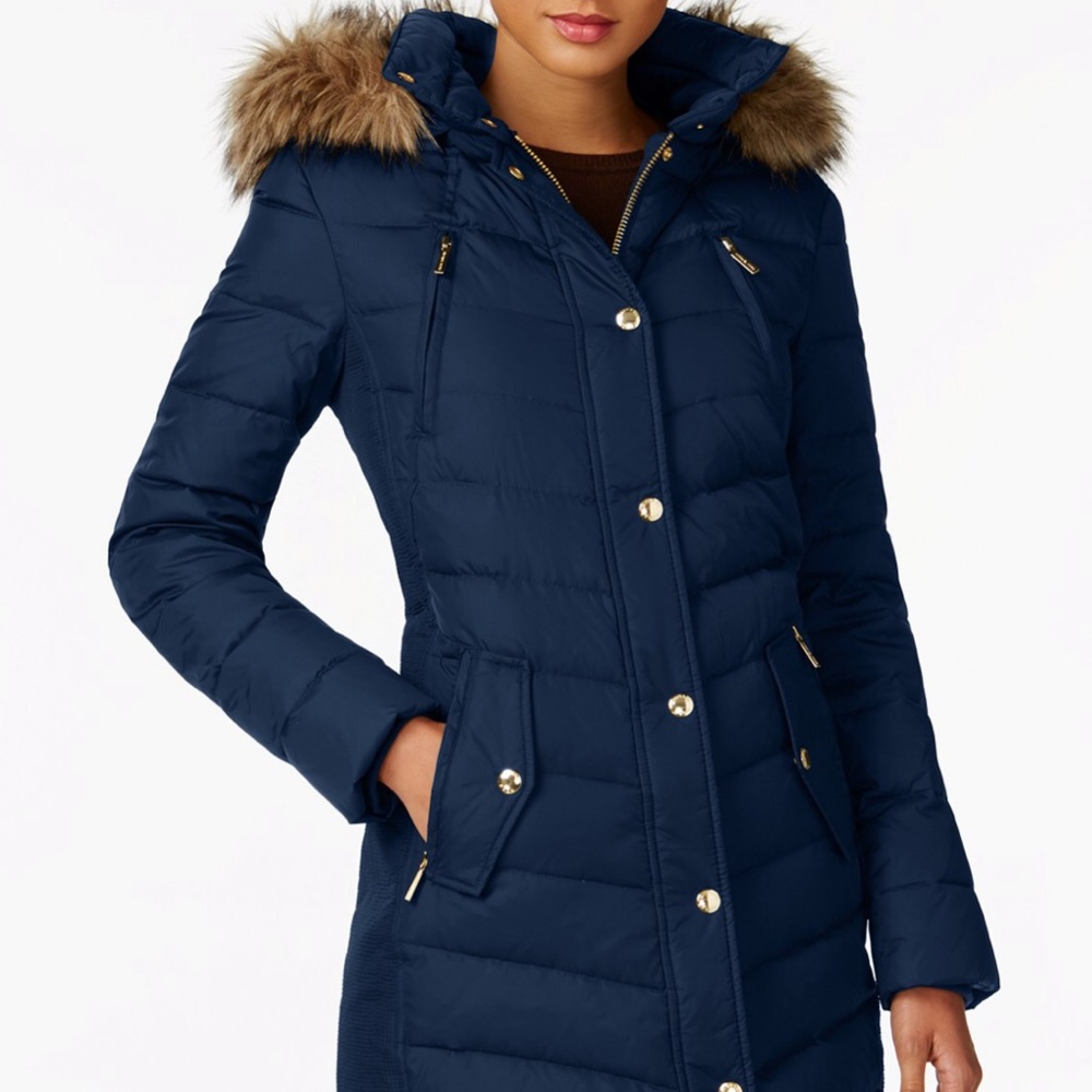 Michael Kors Faux-Fir-Trim Hooded Puffer Coat sz M